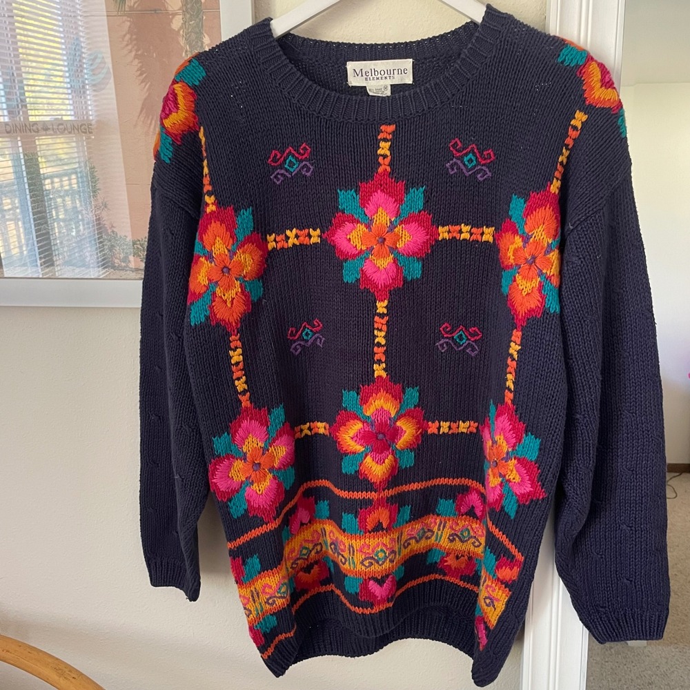 Vintage 90s Melbourne Elements Vibrant Floral Granny Knit Sweater